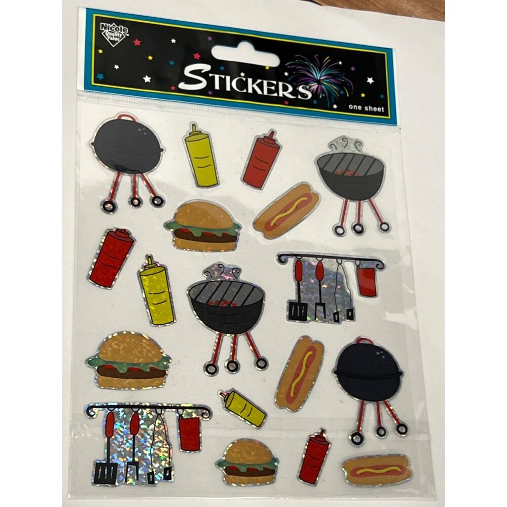 NICOLE STK173 COOK OUT SET OF HOLOGRAPHIC STICKERS GRILL BURGER MUSTARD HOT DOG
